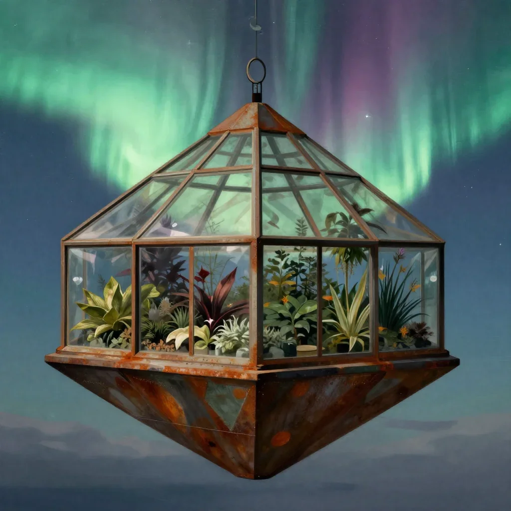 a floating botanical conservatory beneath an aurora, quiet science-fiction concept art, careful geometric composition, r
