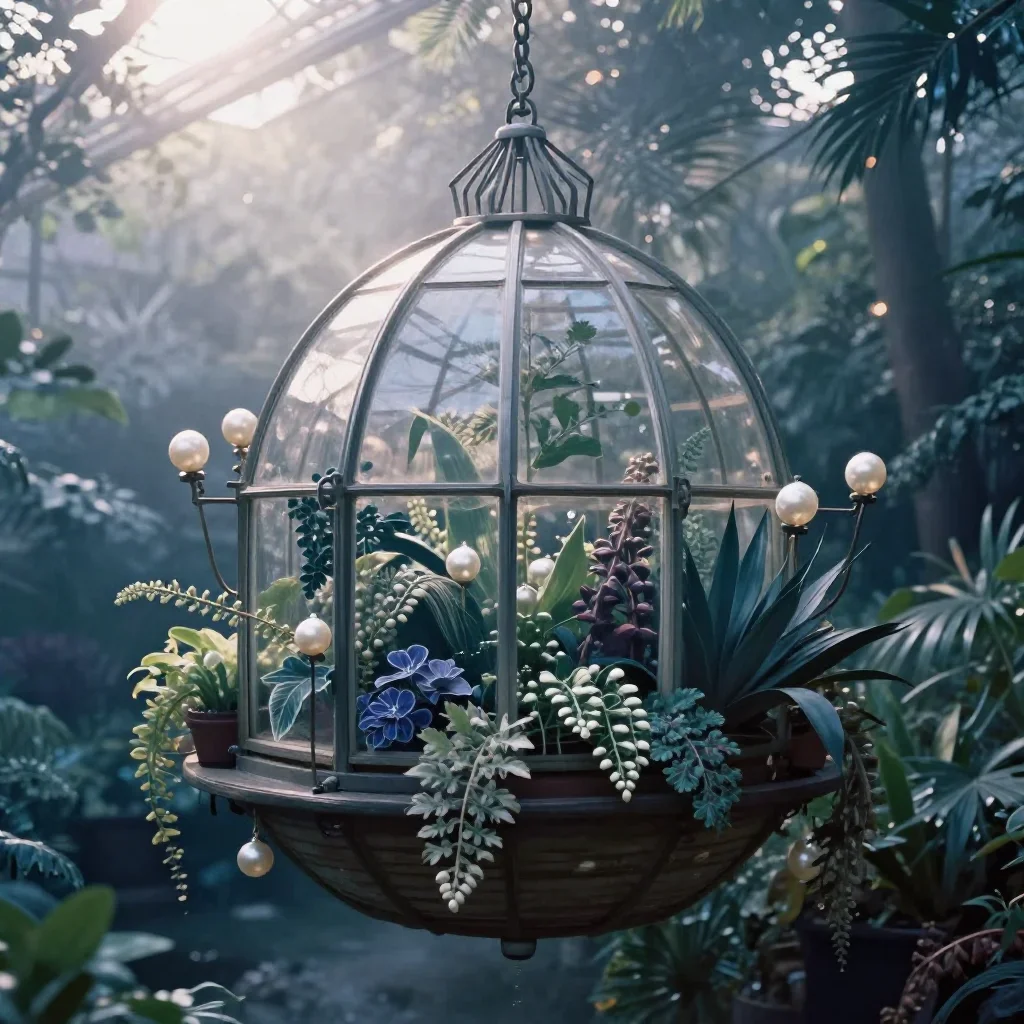 a floating botanical conservatory in quiet late-afternoon haze, soft-grain analog film photography, subtle film grain, i