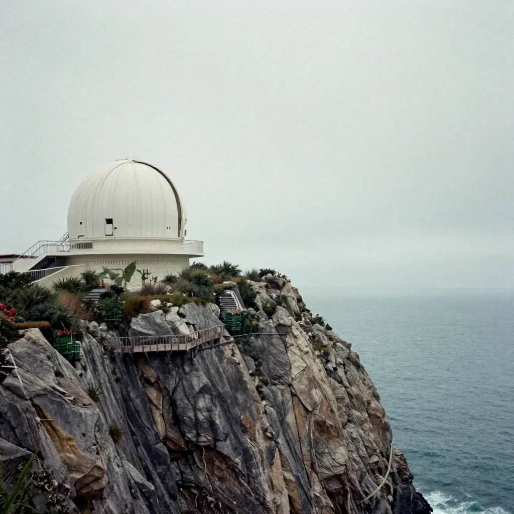 a cliffside observatory under overcast coastal light, soft-grain analog film photography, soft volumetric light, jade an