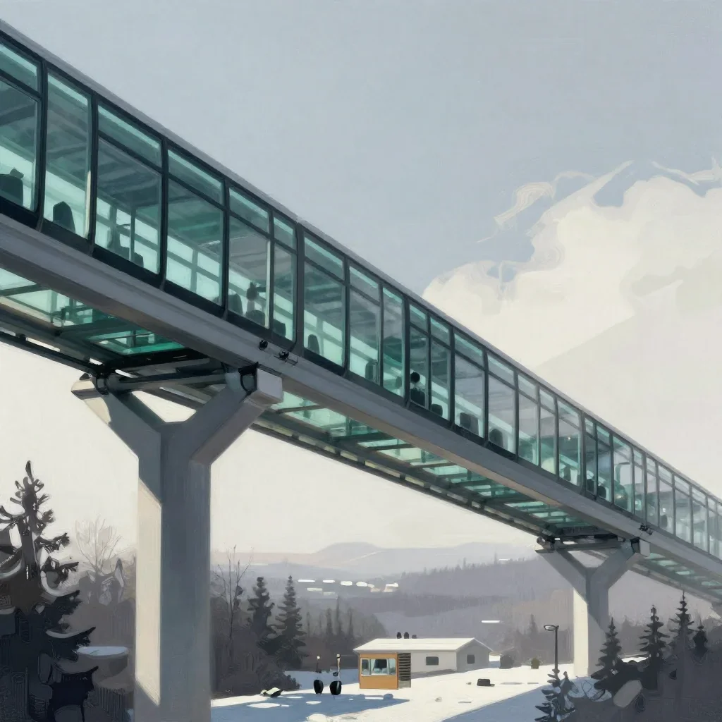 a glass monorail in crisp winter sunlight, modernist poster illustration, clean natural textures, jade and charcoal palette, no people, no text, no logo, no watermark