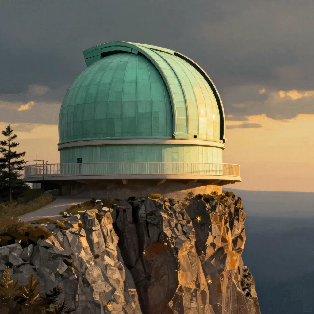 a cliffside observatory during golden hour, modernist poster illustration, careful geometric composition, jade and charc
