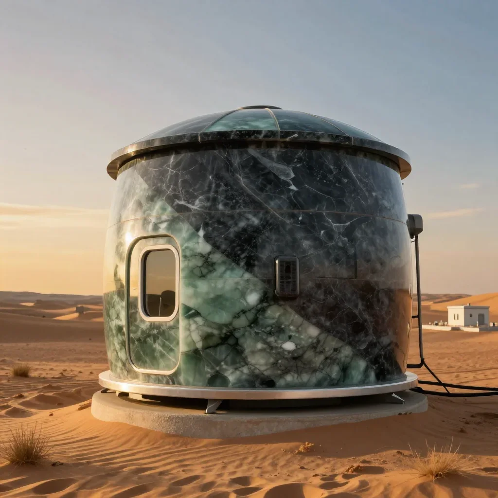a desert research station during golden hour, high-end design magazine photography, crisp material detail, jade and char