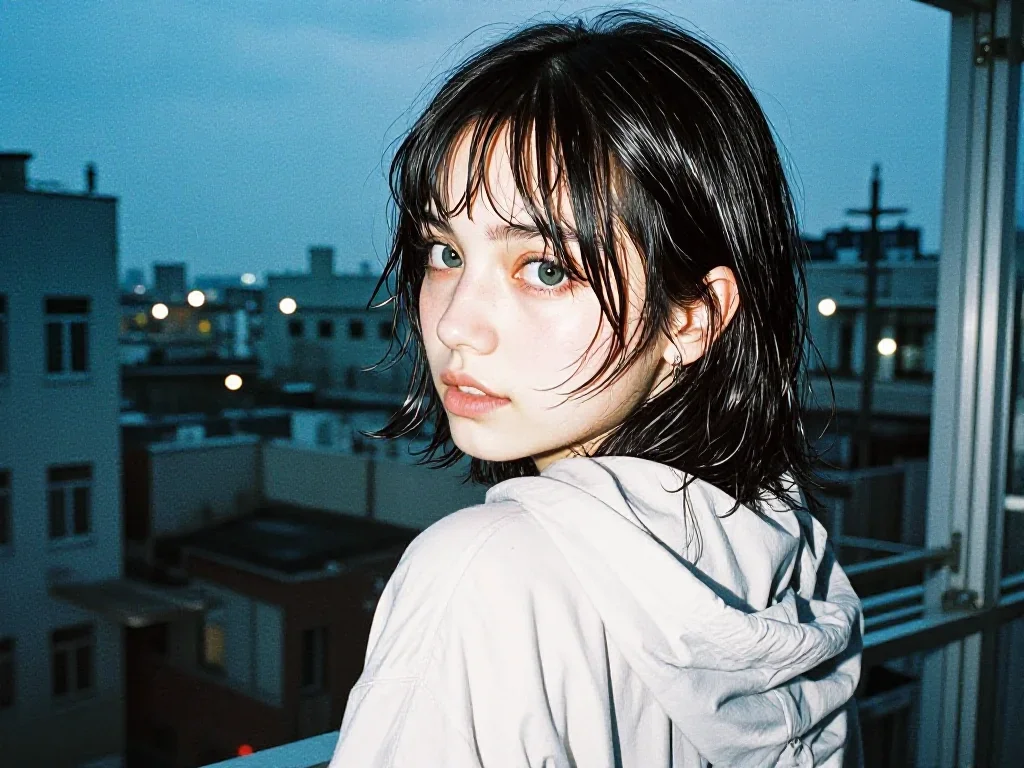 a streetwear influencer with wet-look hair in an alluring over-the-shoulder glance, in a blue-hour city apartment, soft-