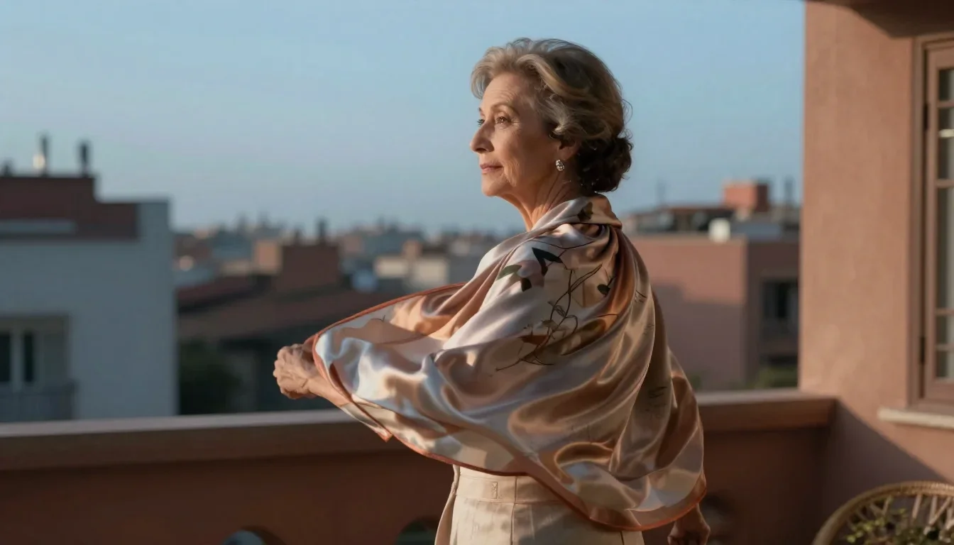 an elegant older stateswoman in a silk scarf mid-turn with fabric catching the light, in a blue-hour city apartment, cin