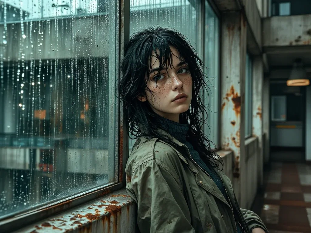 a lover leaning against rain-streaked glass in an alluring over-the-shoulder glance, in a brutalist concrete atrium, neo