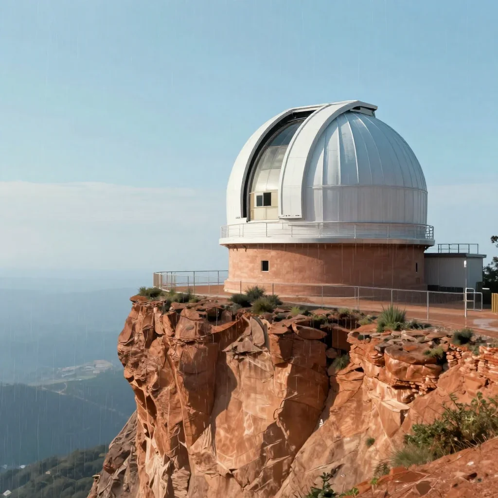 a cliffside observatory after warm summer rain, quiet science-fiction concept art, clean natural textures, terracotta an