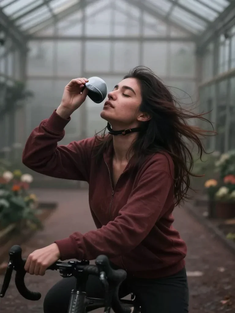 a rider removing a helmet, flushed and windblown in a low lunge with a lifted chin, in a greenhouse humid with mist, moo