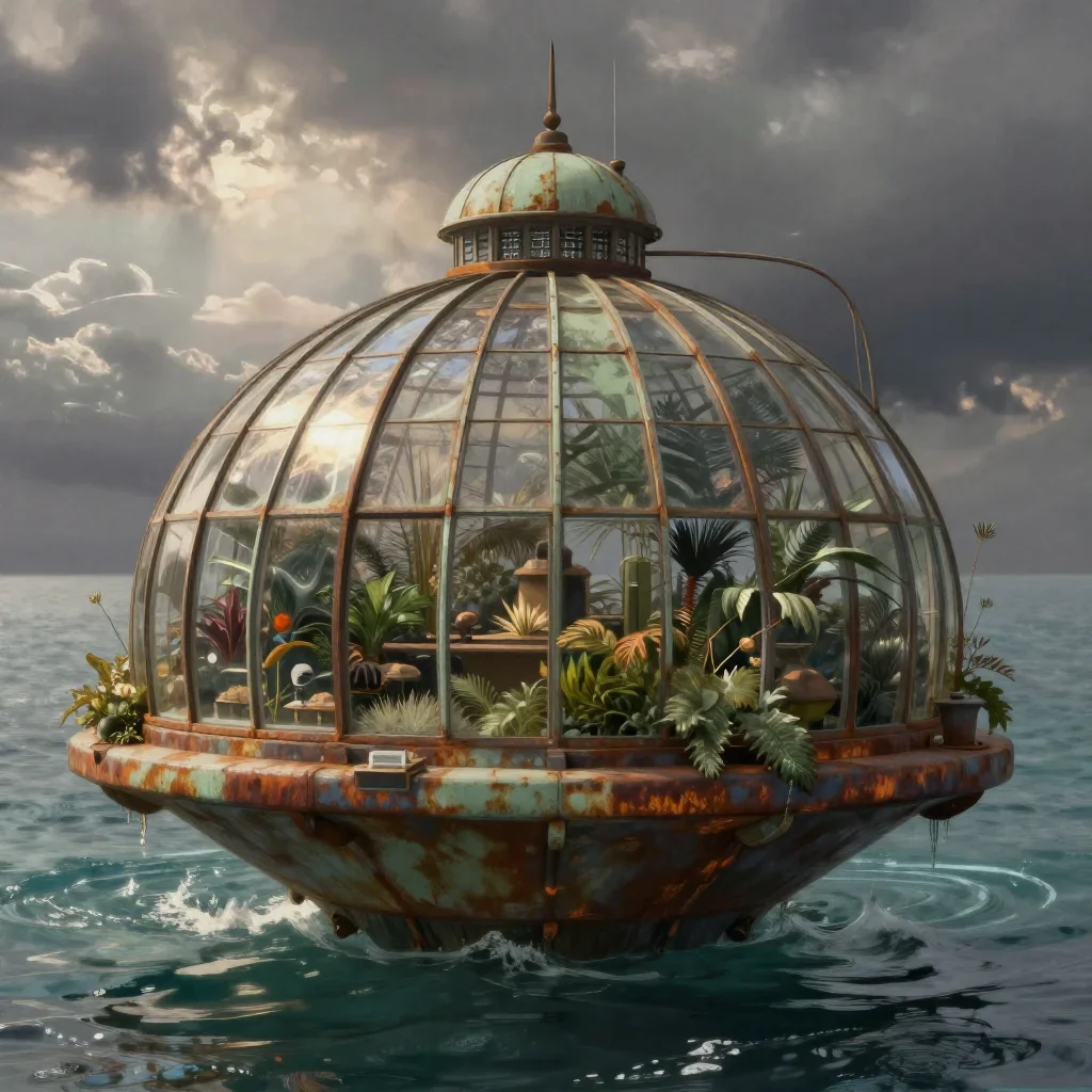 a floating botanical conservatory in a gentle sea breeze, quiet science-fiction concept art, atmospheric depth, rust and