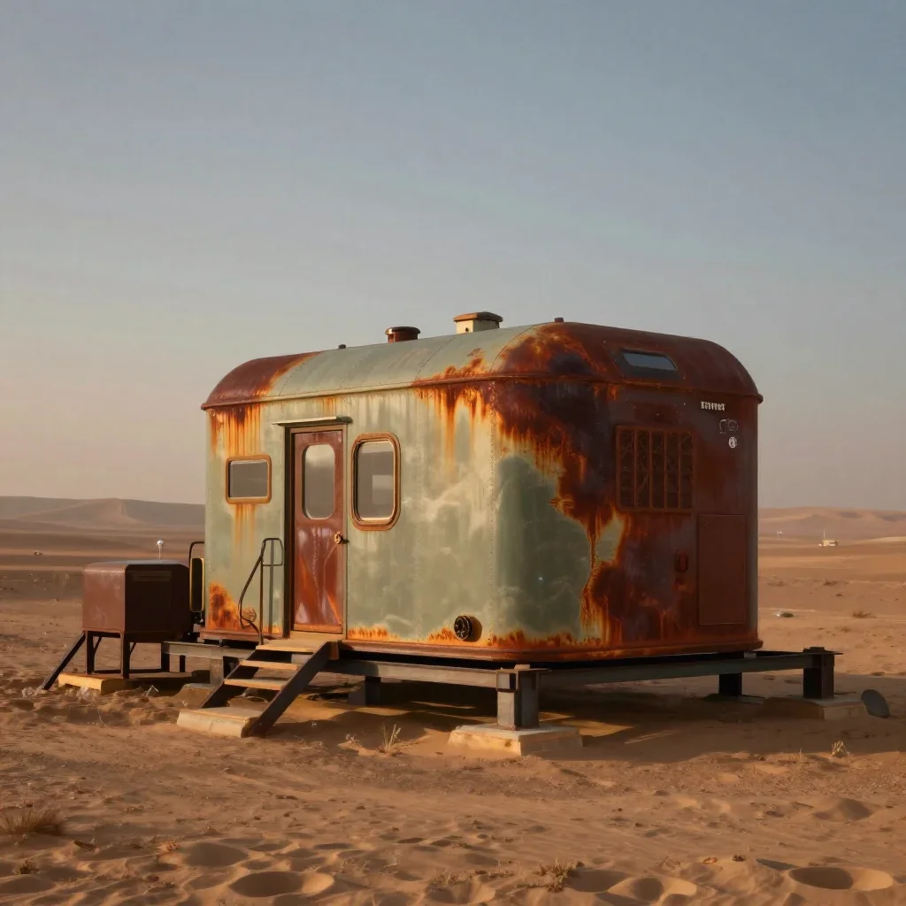a desert research station in quiet late-afternoon haze, museum-quality still-life photography, atmospheric depth, rust a