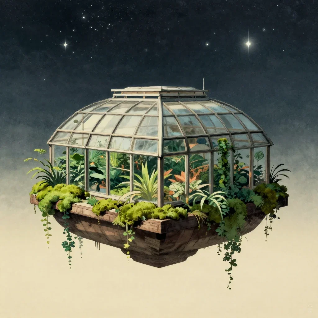a floating botanical conservatory beneath a star-filled sky, Japanese woodblock-inspired editorial art, calm negative sp