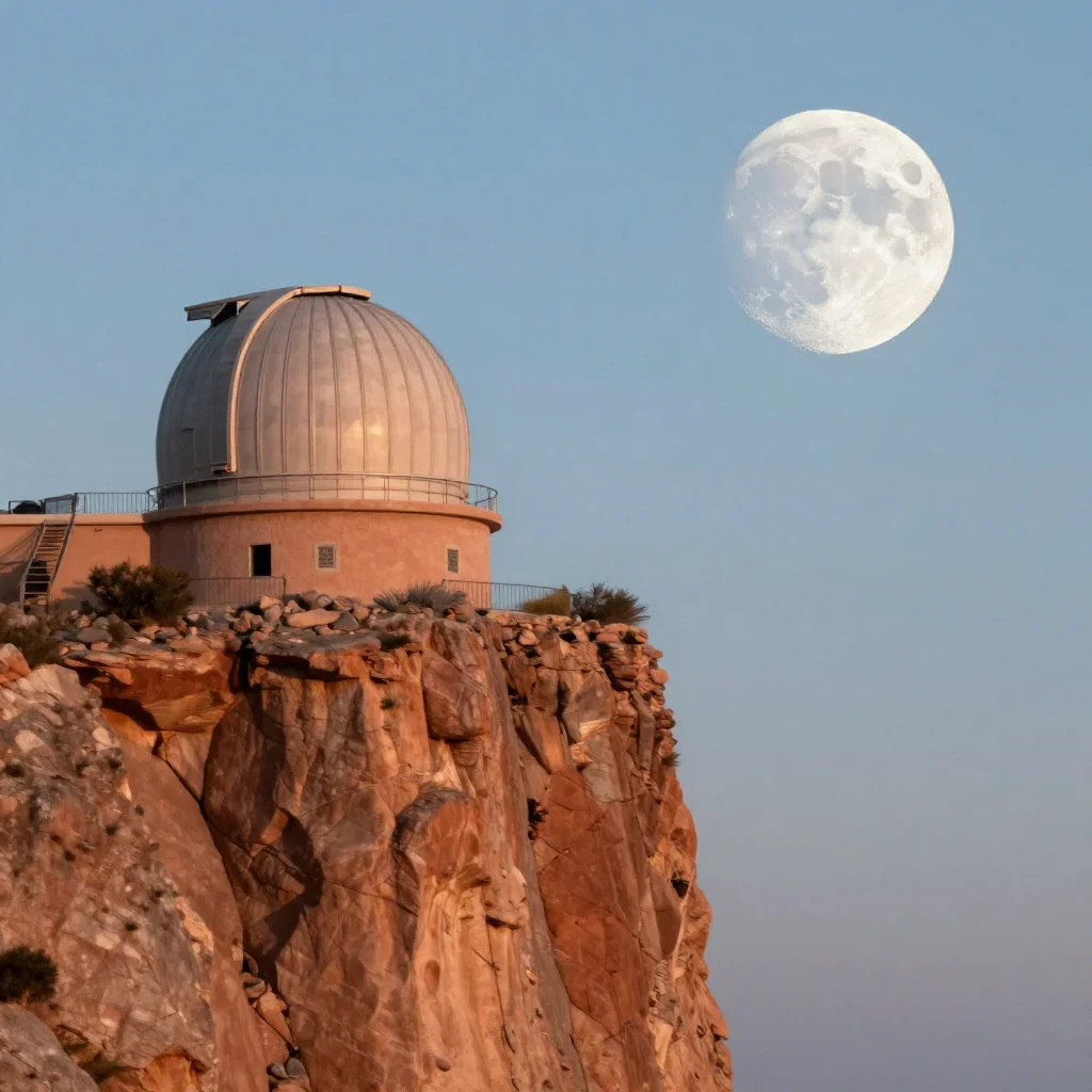 a cliffside observatory at moonrise, high-end design magazine photography, clean natural textures, terracotta and pale s