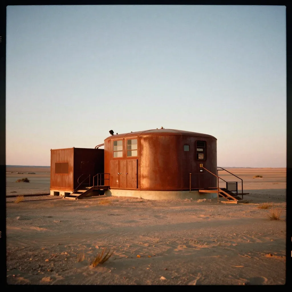 a desert research station during golden hour, soft-grain analog film photography, restrained color harmony, rust and sag