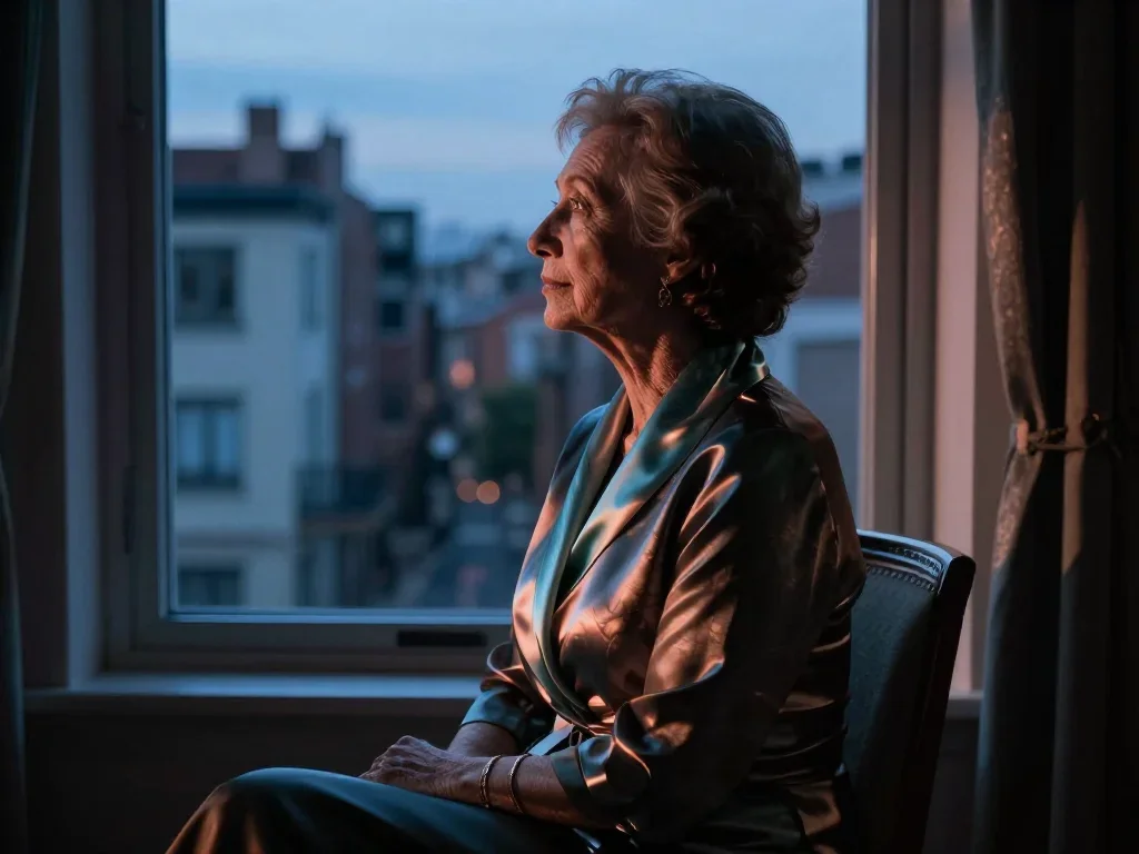 an elegant older stateswoman in a silk scarf in a seated silhouette against a window, in a blue-hour city apartment, edi