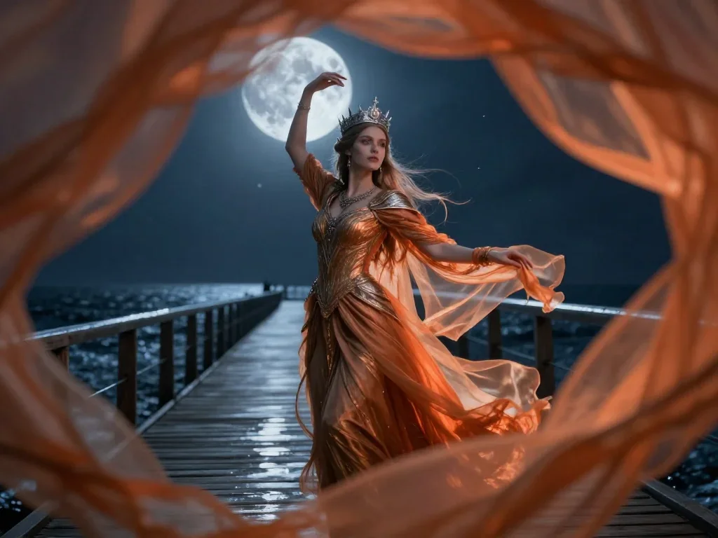 an elven queen in a moonlit silver crown mid-turn with fabric catching the light, on a storm-washed boardwalk, neo-noir 