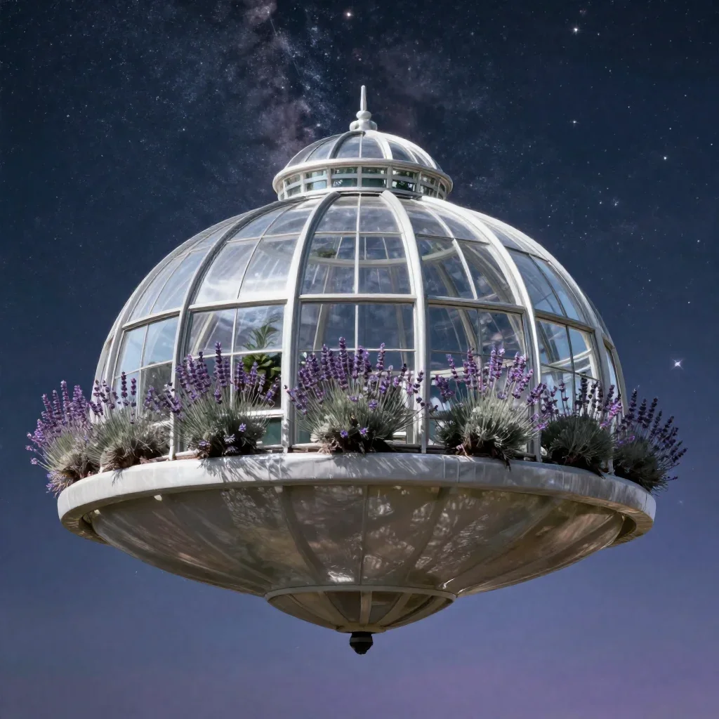 a floating botanical conservatory beneath a star-filled sky, cinematic architectural photography, clean natural textures