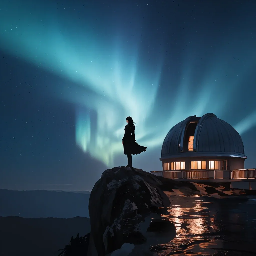 a cliffside observatory beneath an aurora, dreamlike fine-art landscape photography, gentle reflected light, cobalt and 