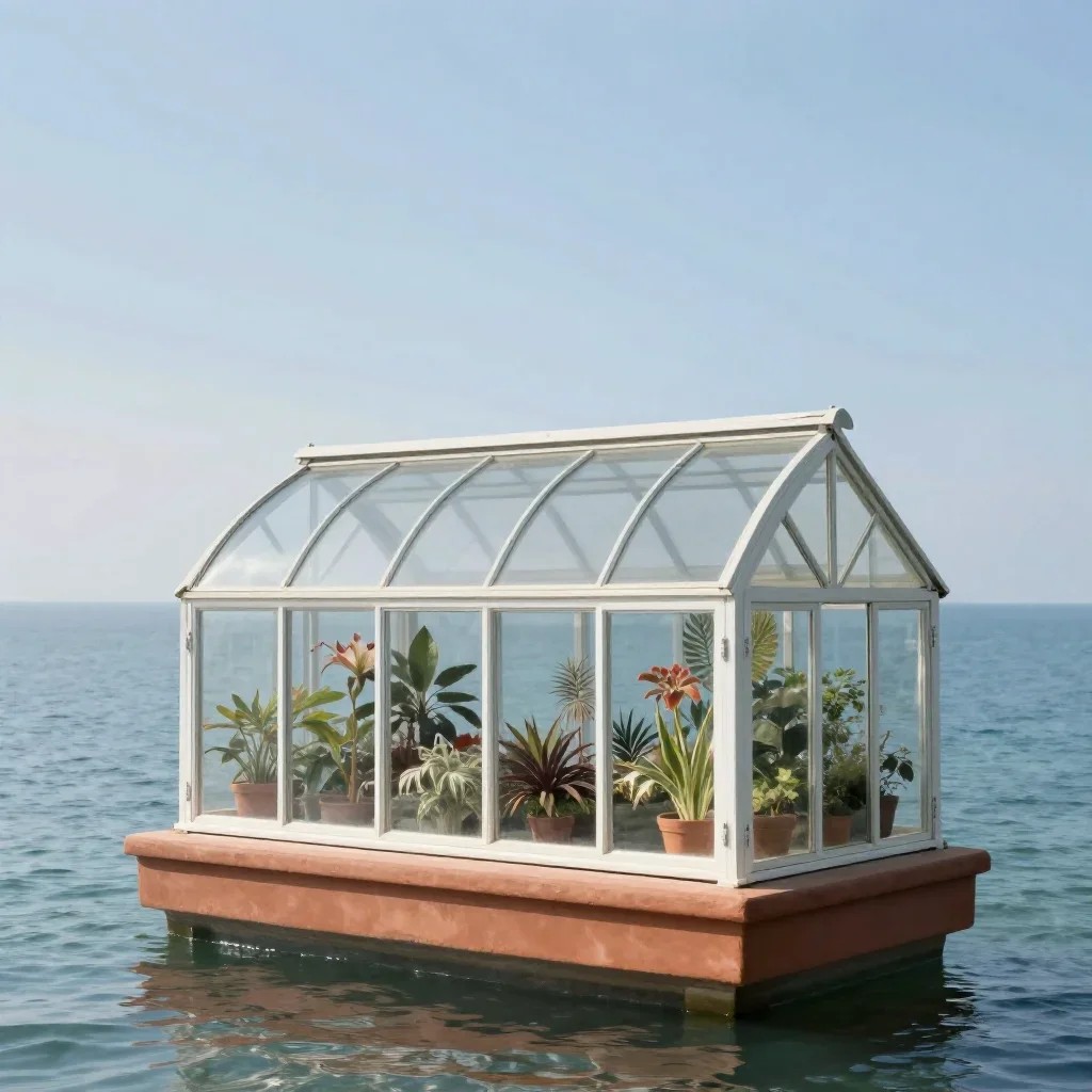 a floating botanical conservatory in a gentle sea breeze, museum-quality still-life photography, calm negative space, te