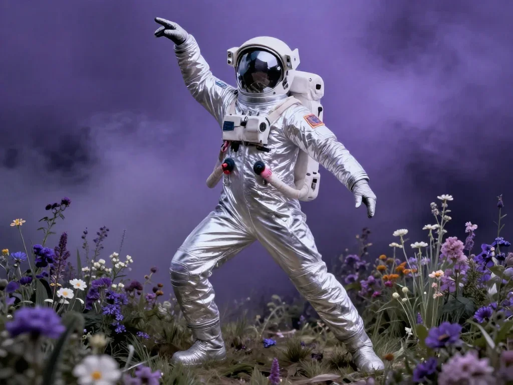 an astronaut in a reflective bodysuit among wildflowers in a graceful contrapposto pose, in a smoke-lit photo studio, Na