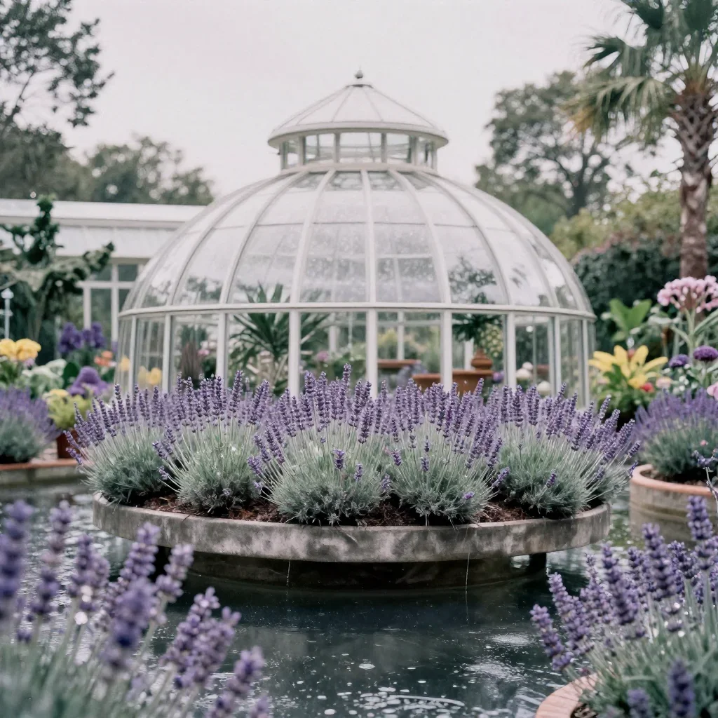 a floating botanical conservatory after warm summer rain, dreamlike fine-art landscape photography, subtle film grain, l