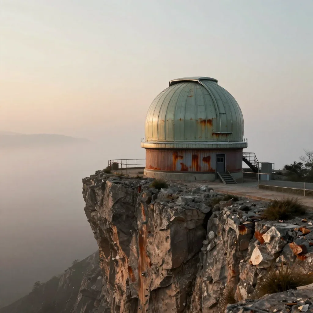a cliffside observatory under soft dawn fog, quiet science-fiction concept art, clean natural textures, rust and sage pa