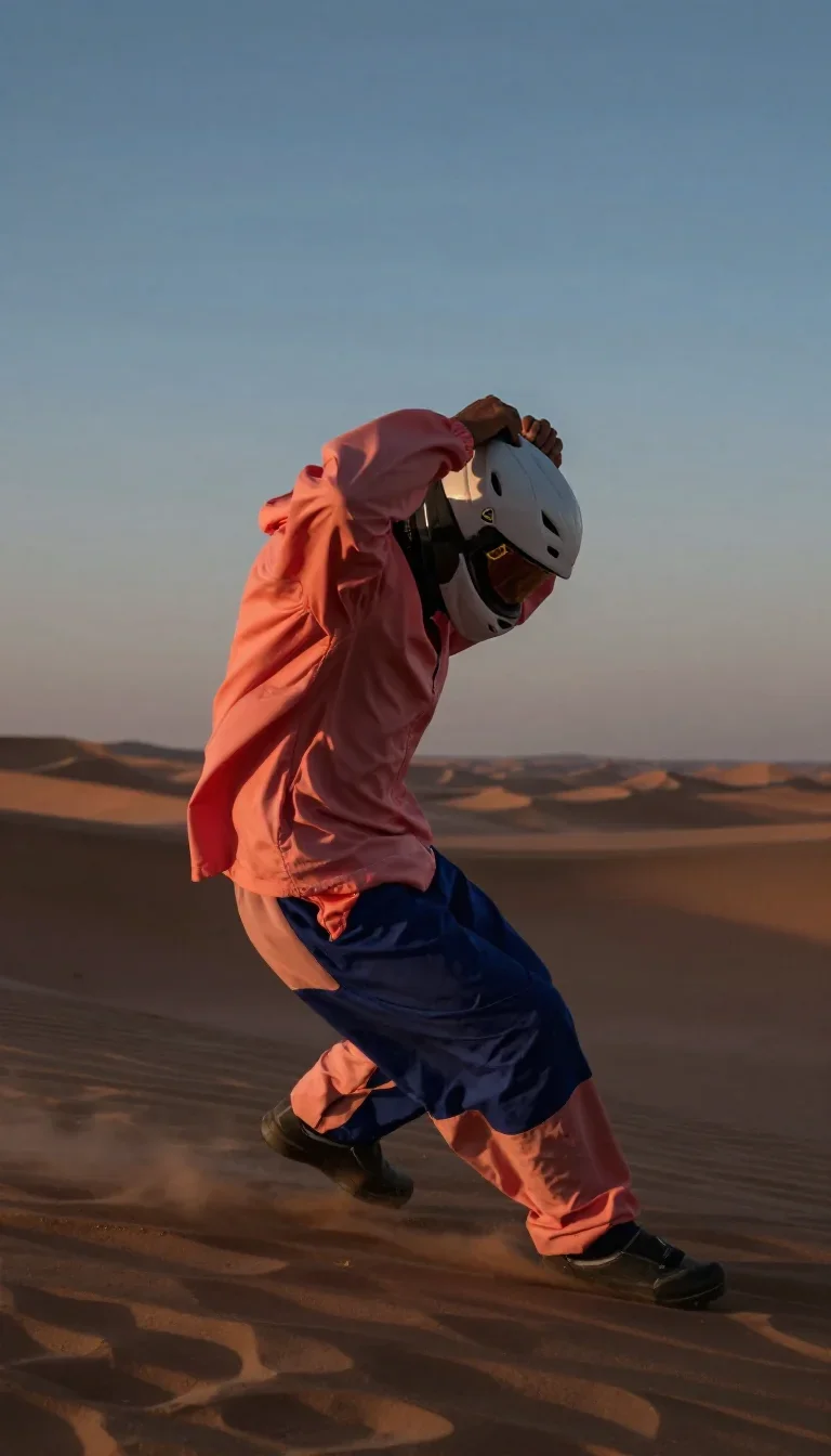 a rider removing a helmet, flushed and windblown mid-turn with fabric catching the light, in a silent desert at twilight