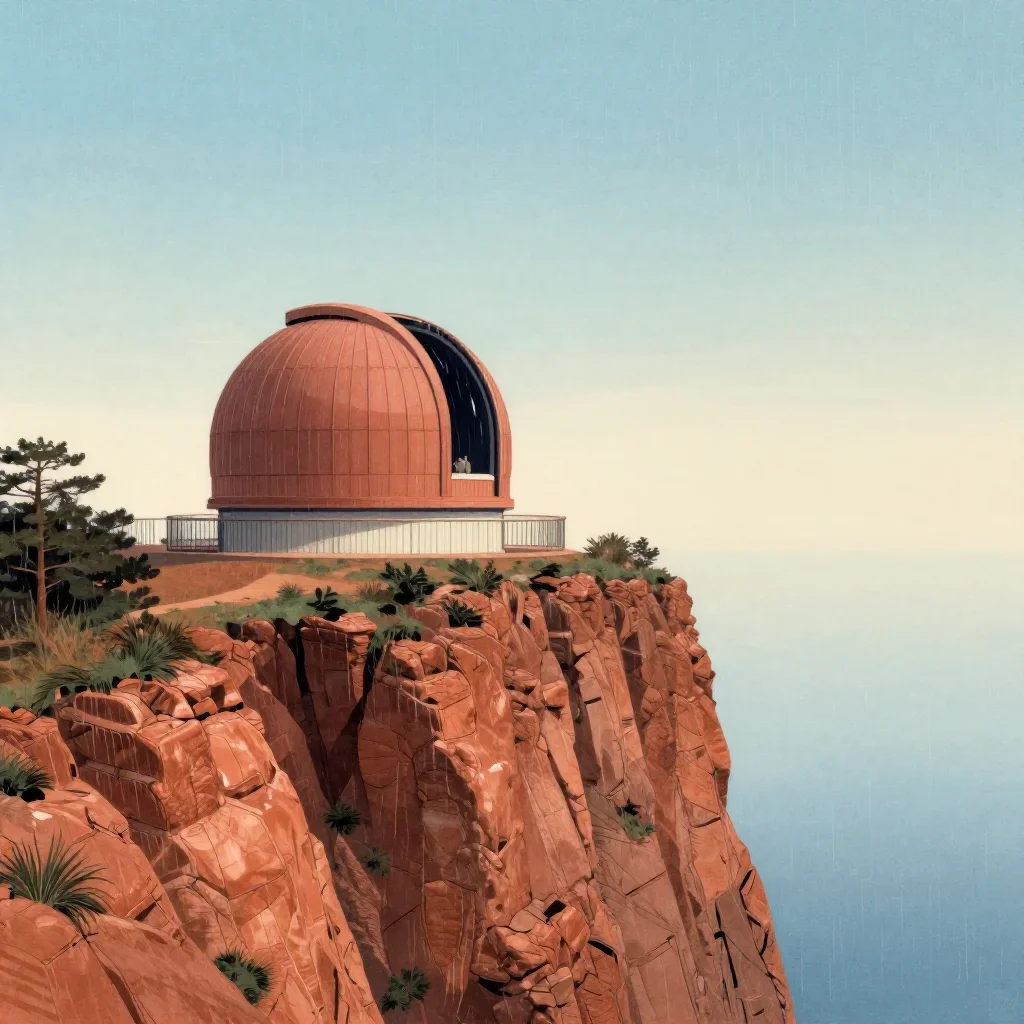 a cliffside observatory after warm summer rain, Japanese woodblock-inspired editorial art, restrained color harmony, ter