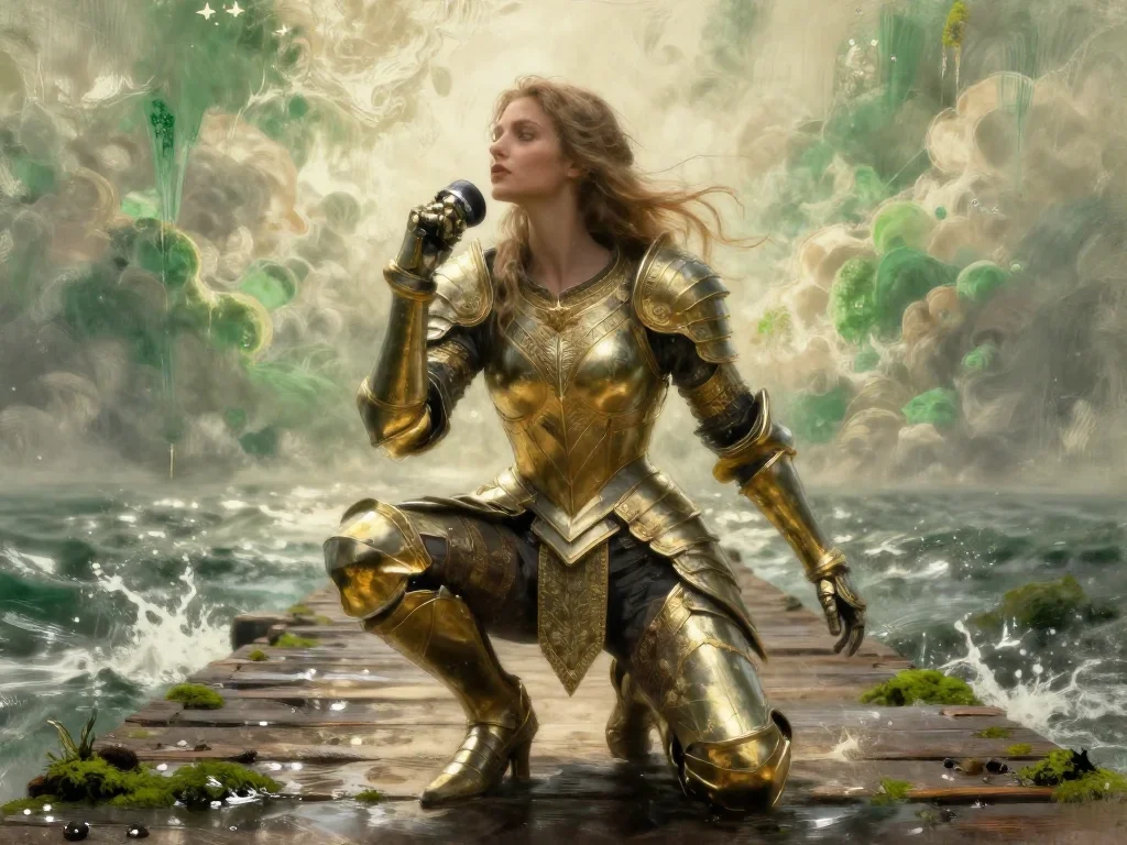 a warrior queen in ornate gilded armor in a low lunge with a lifted chin, on a storm-washed boardwalk, dreamlike fantasy