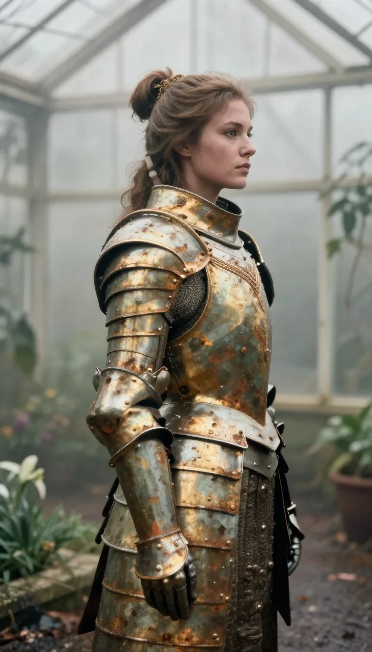 a warrior queen in ornate gilded armor in a dramatic three-quarter profile, in a greenhouse humid with mist, soft-grain 