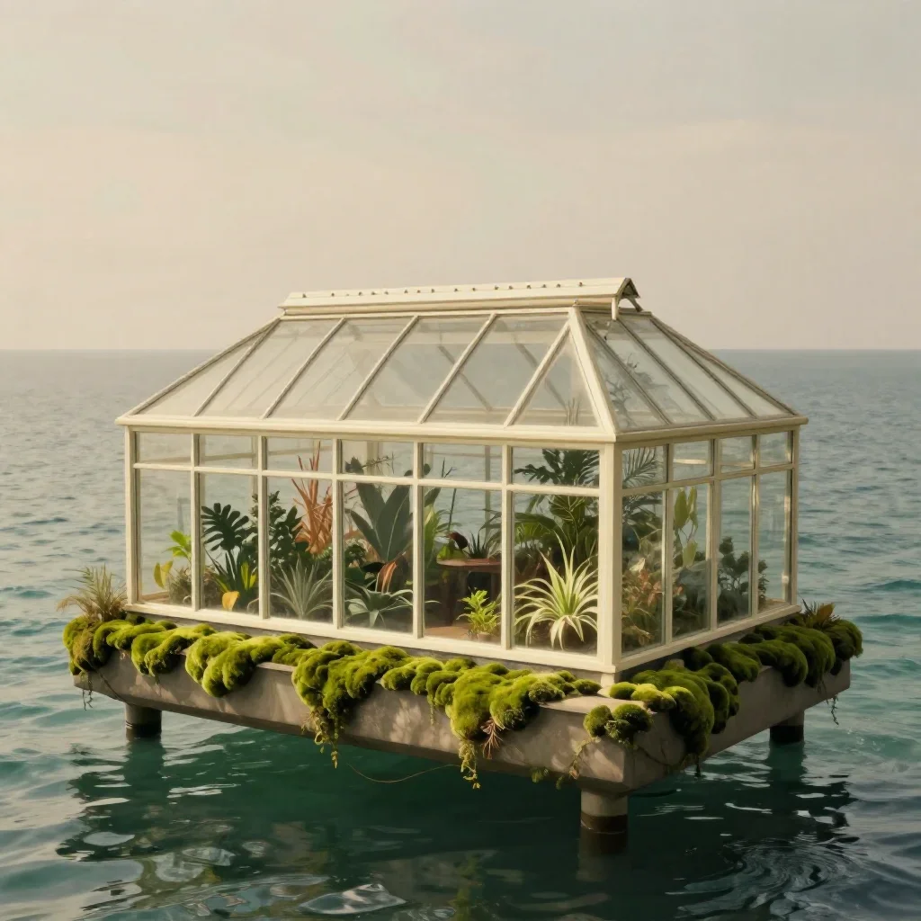 a floating botanical conservatory in a gentle sea breeze, museum-quality still-life photography, restrained color harmon