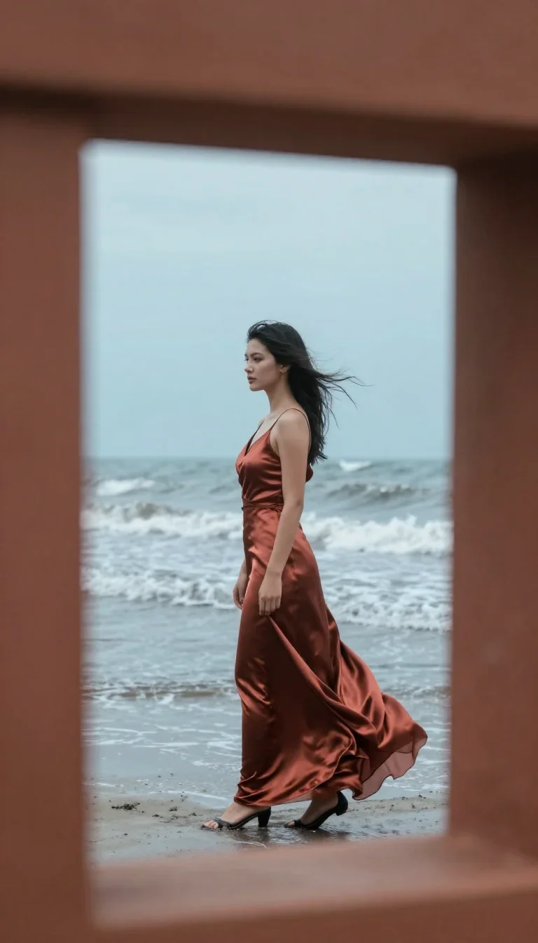 a young woman in a flowing silk gown in a dramatic three-quarter profile, on a storm-washed boardwalk, cinematic film st