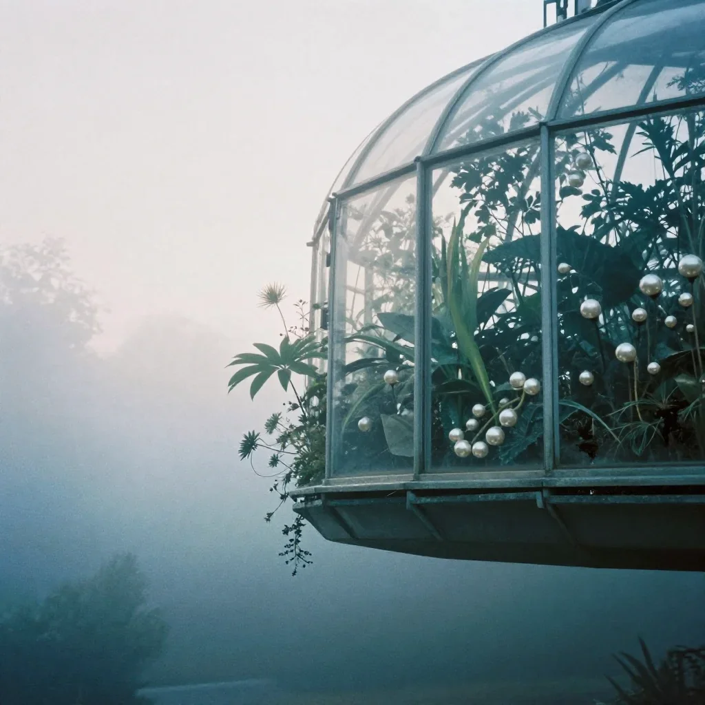 a floating botanical conservatory under soft dawn fog, soft-grain analog film photography, clean natural textures, indig