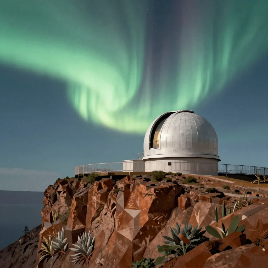 a cliffside observatory beneath an aurora, contemporary botanical illustration, careful geometric composition, rust and