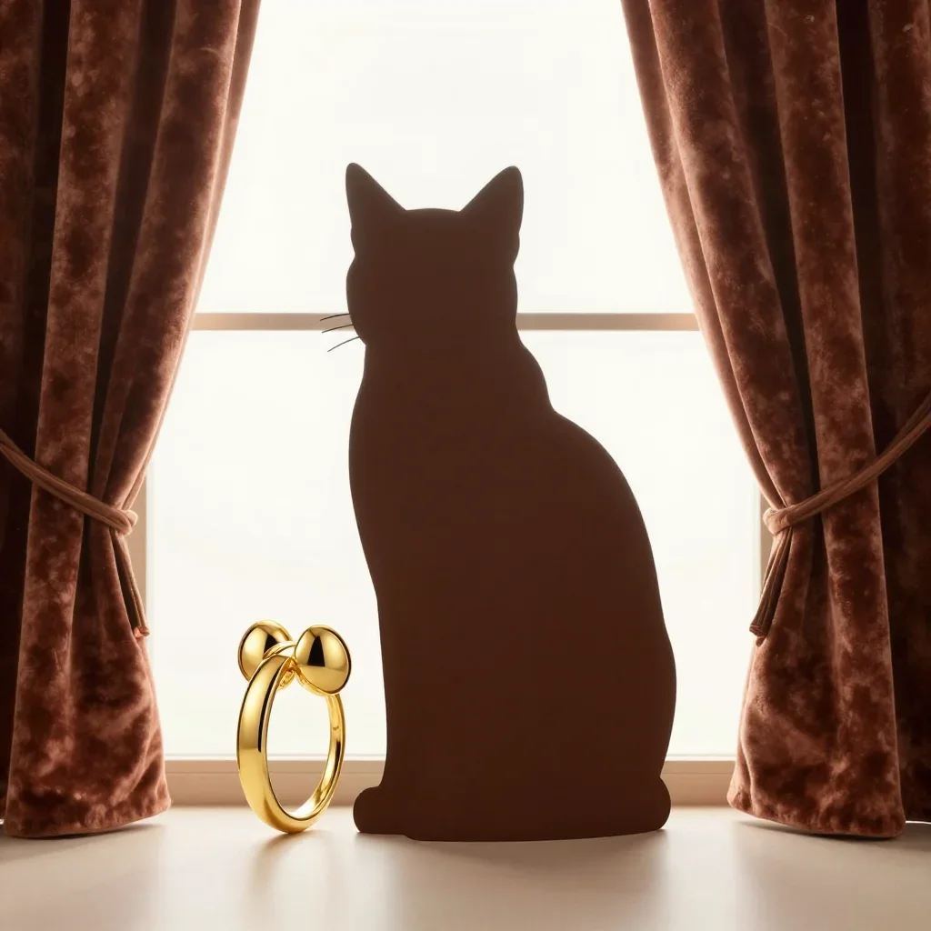 a feline-featured model with gold ear cuffs in a seated silhouette against a window, in a velvet-curtained boudoir, Vogu