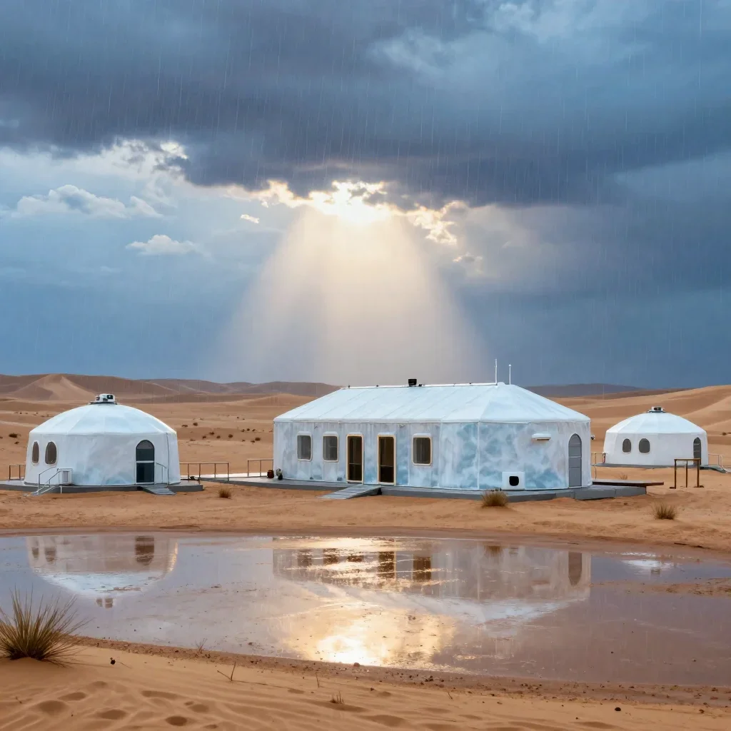 a desert research station after warm summer rain, museum-quality still-life photography, gentle reflected light, ice blu