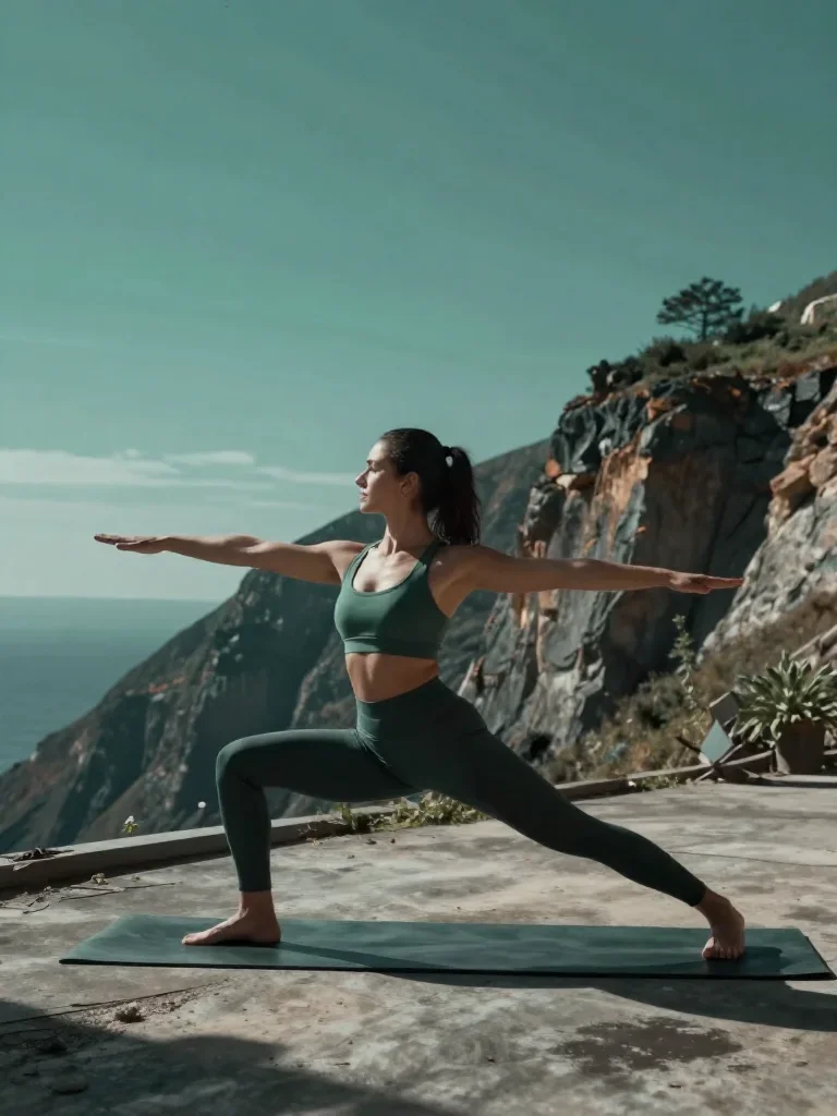 a fitness creator stretching in a sunlit loft in a graceful contrapposto pose, on a sun-drenched cliffside, cinematic fi