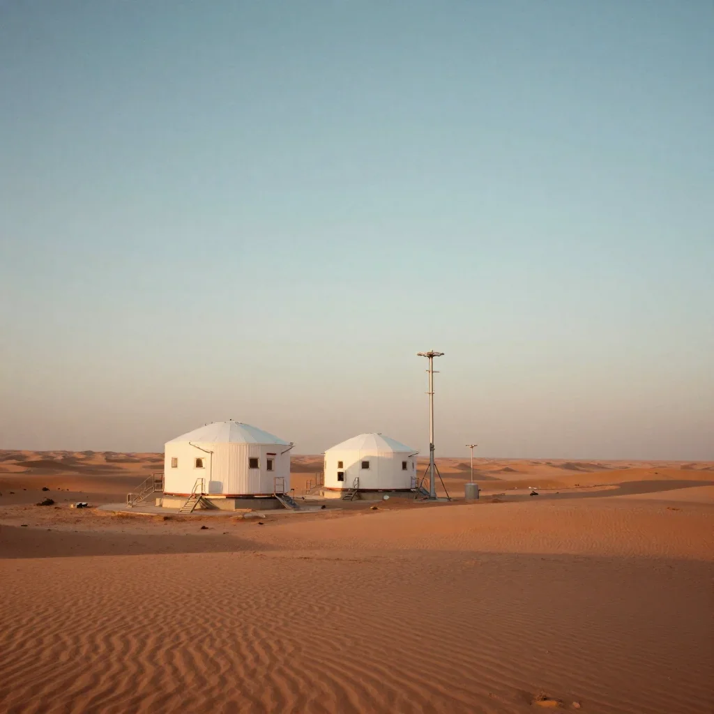 a desert research station in quiet late-afternoon haze, refined editorial travel photography, subtle film grain, terraco