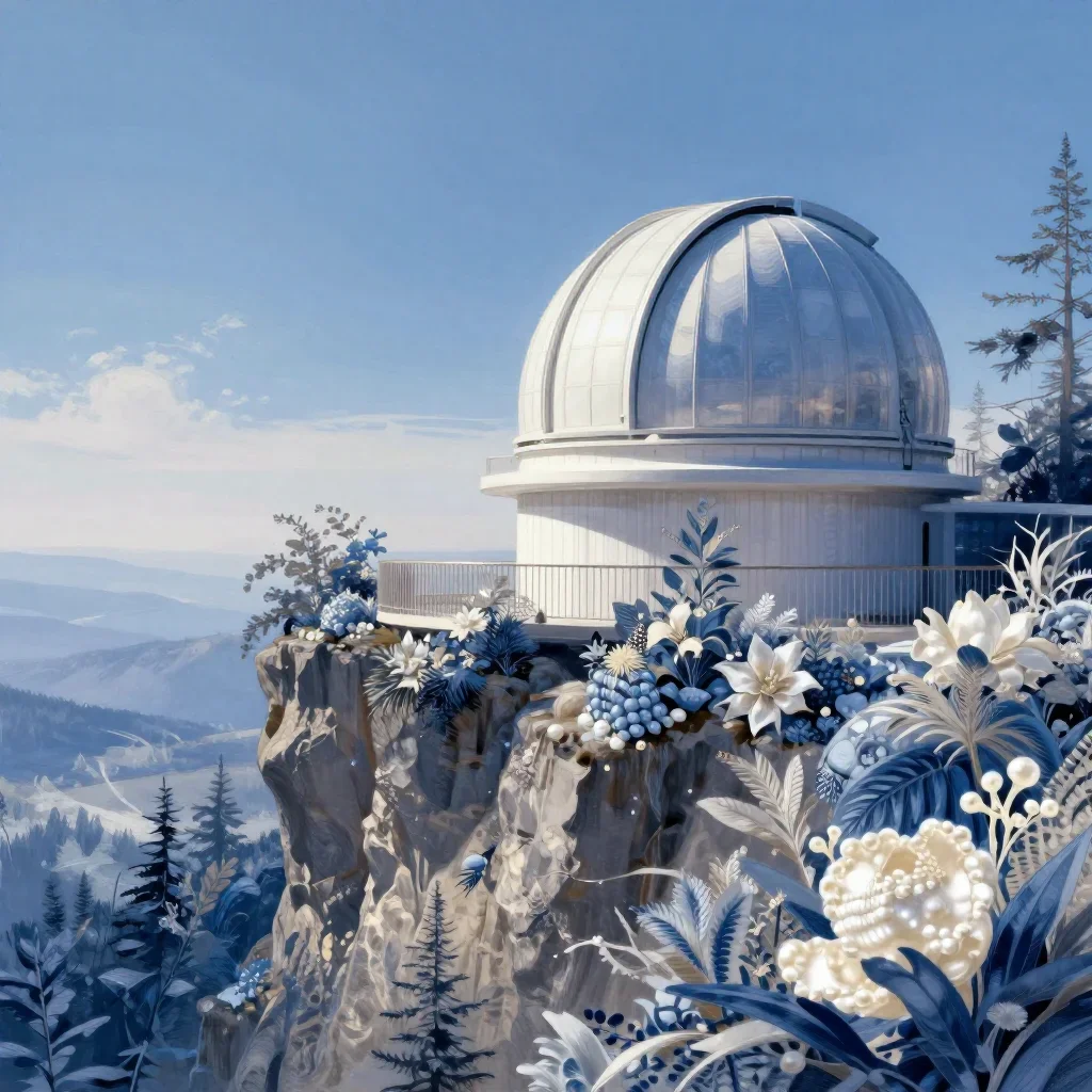a cliffside observatory in crisp winter sunlight, contemporary botanical illustration, soft volumetric light, indigo and