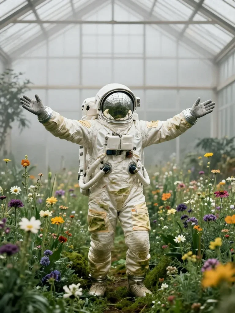 an astronaut in a reflective bodysuit among wildflowers in a bold, open-armed welcome, in a greenhouse humid with mist, 