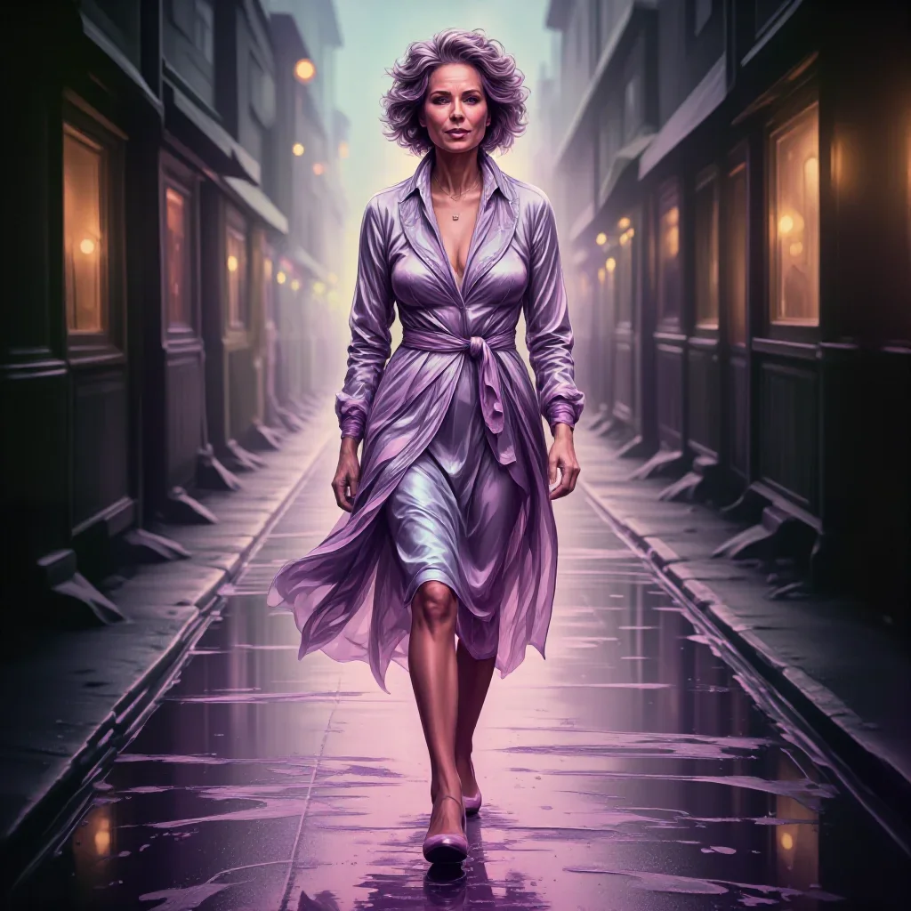 an elegant older stateswoman in a silk scarf in a confident cinematic stride, in a rain-slick neon alley, high-fashion r