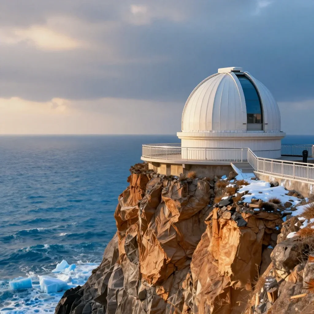 a cliffside observatory in a gentle sea breeze, dreamlike fine-art landscape photography, atmospheric depth, ice blue an