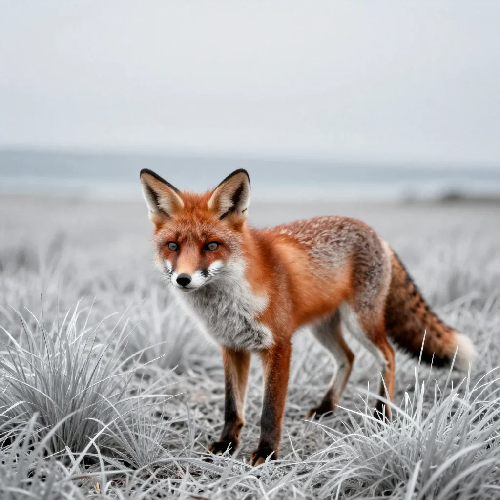 a red fox among silver grass under overcast coastal light, soft-grain analog film photography, crisp material detail, ga