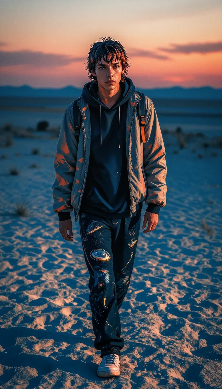a streetwear influencer with wet-look hair in a confident cinematic stride, in a silent desert at twilight, cinematic film still, weathered tactile surfaces, coral and midnight blue palette, no text, no logo, no water...