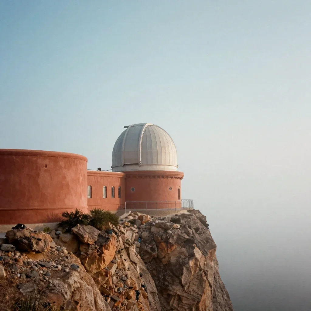 a cliffside observatory under soft dawn fog, cinematic architectural photography, subtle film grain, terracotta and pale