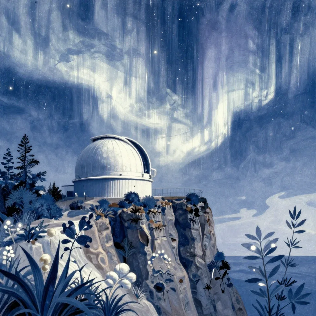 a cliffside observatory beneath an aurora, contemporary botanical illustration, restrained color harmony, indigo and pea