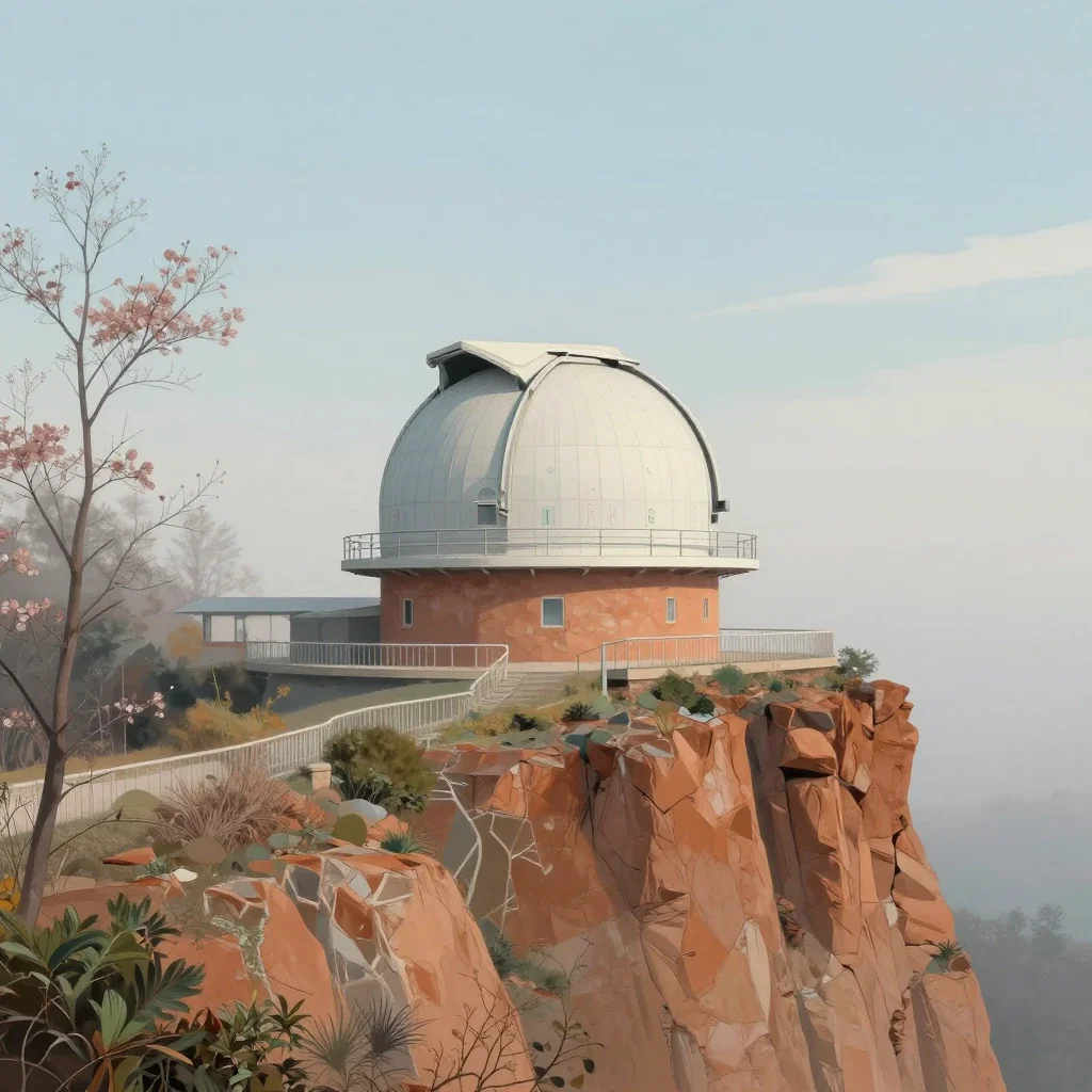 a cliffside observatory in early spring mist, contemporary botanical illustration, careful geometric composition, terrac
