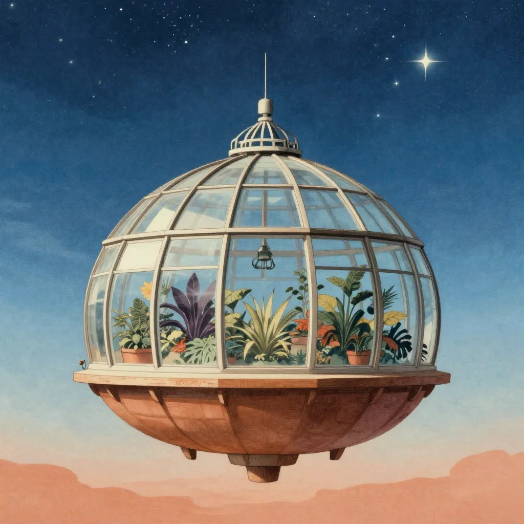 a floating botanical conservatory beneath a star-filled sky, Japanese woodblock-inspired editorial art, atmospheric dept