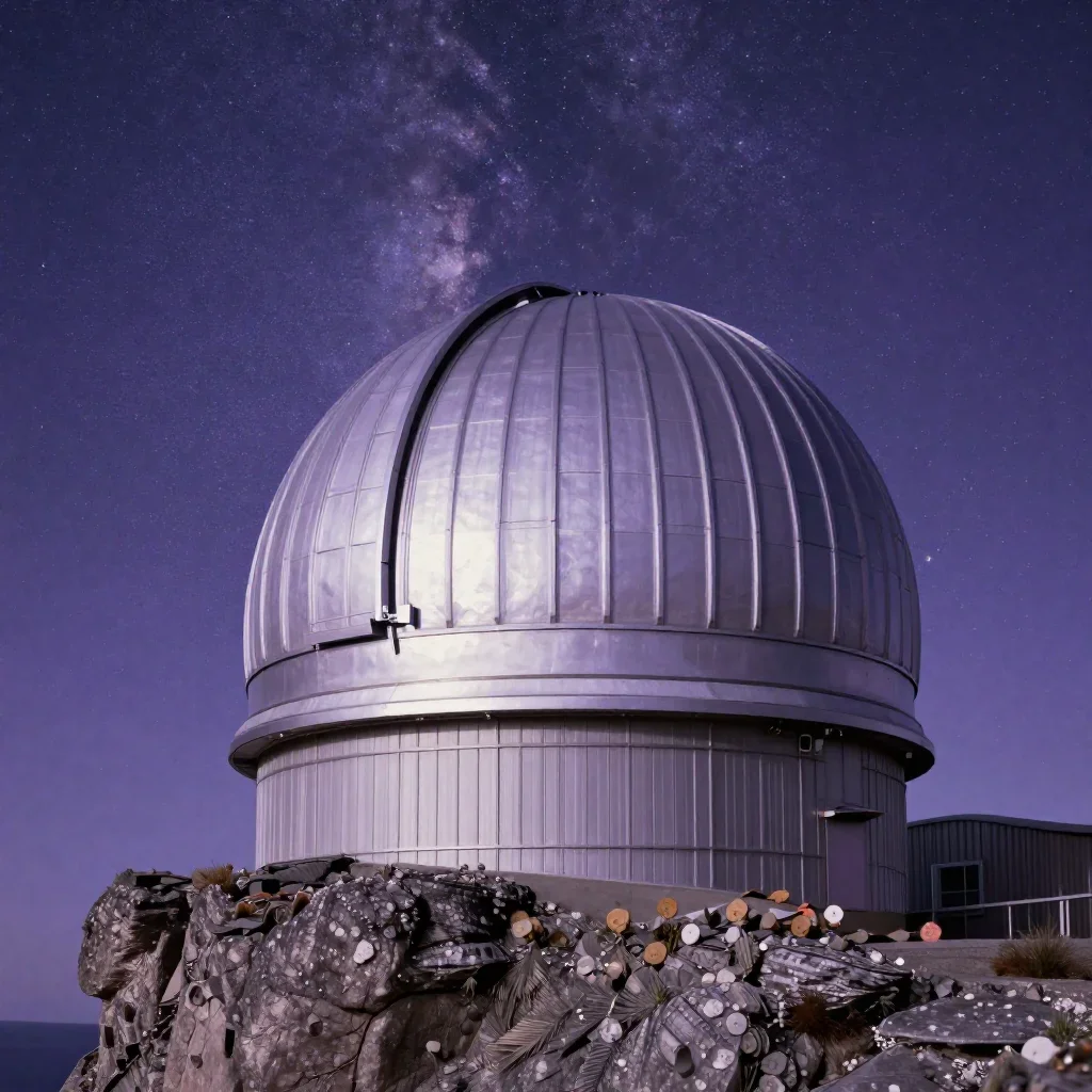 a cliffside observatory beneath a star-filled sky, cinematic architectural photography, careful geometric composition, l