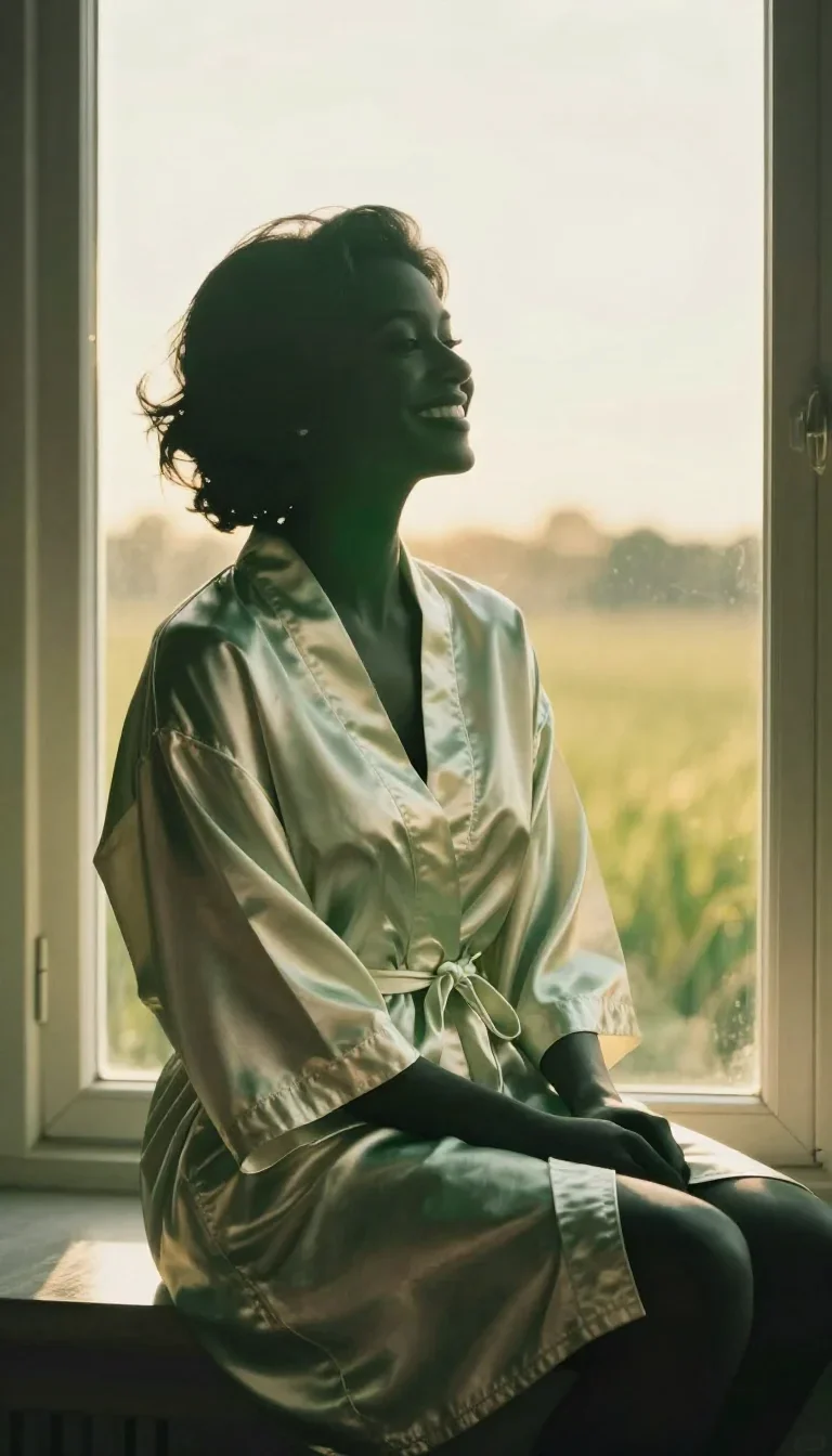 a smiley lounge singer in a satin robe in a seated silhouette against a window, in a backlit golden-hour field, dreamlik