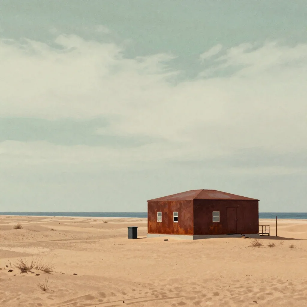 a desert research station under overcast coastal light, Japanese woodblock-inspired editorial art, calm negative space, 