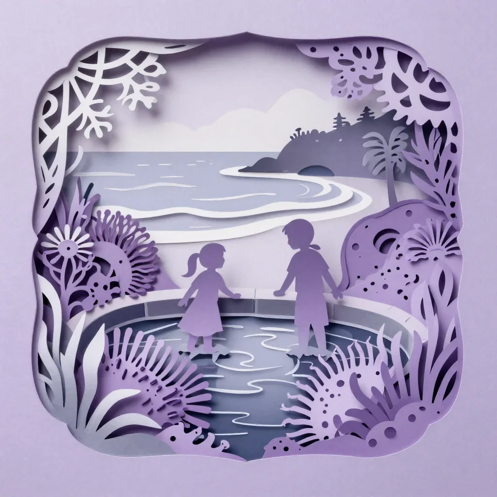 a tide pool filled with anemones under overcast coastal light, intricate paper-cut illustration, layered foreground fram
